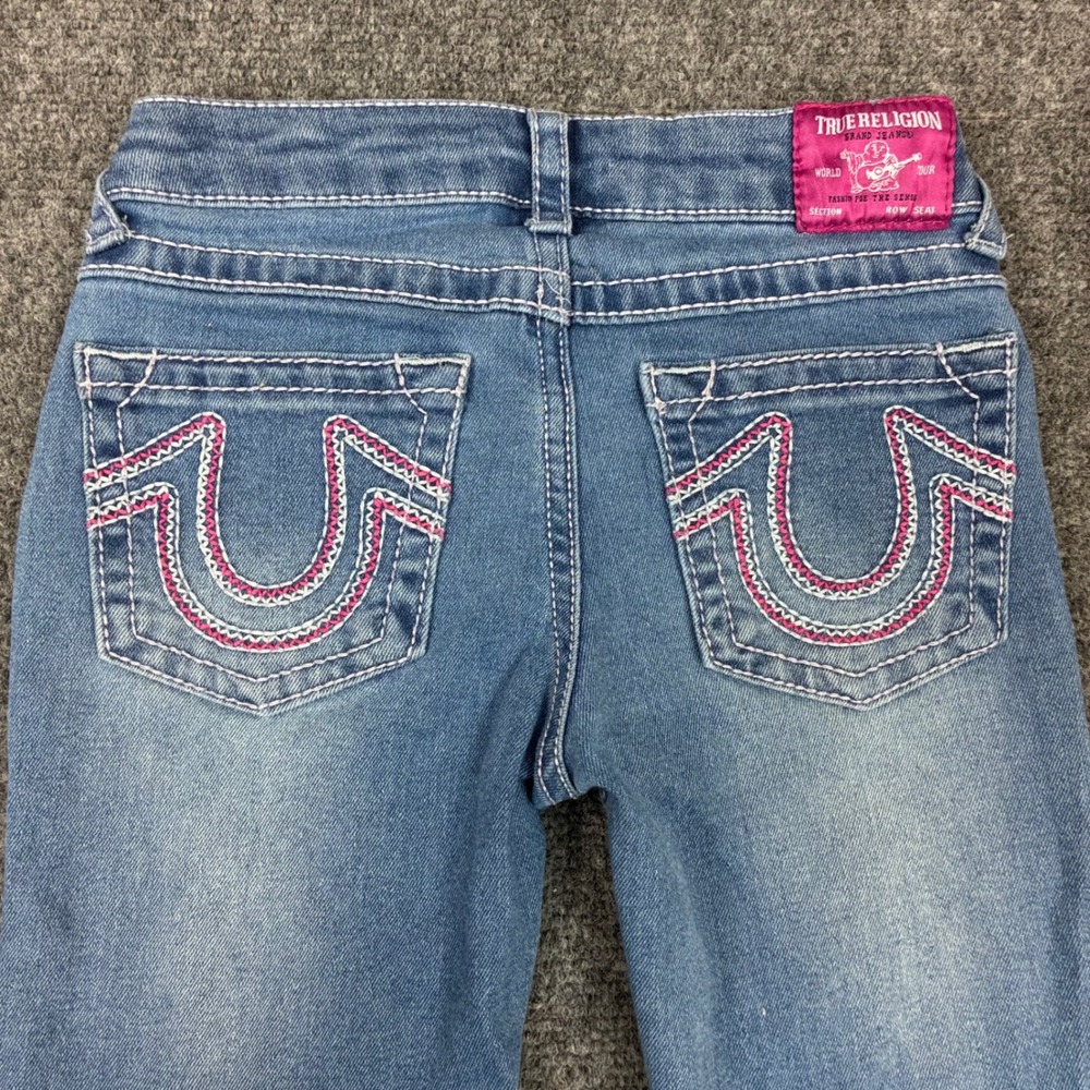 True Religion Becca Girls Mid Rise Bootcut Jeans Blue Pink Stitch Size 8